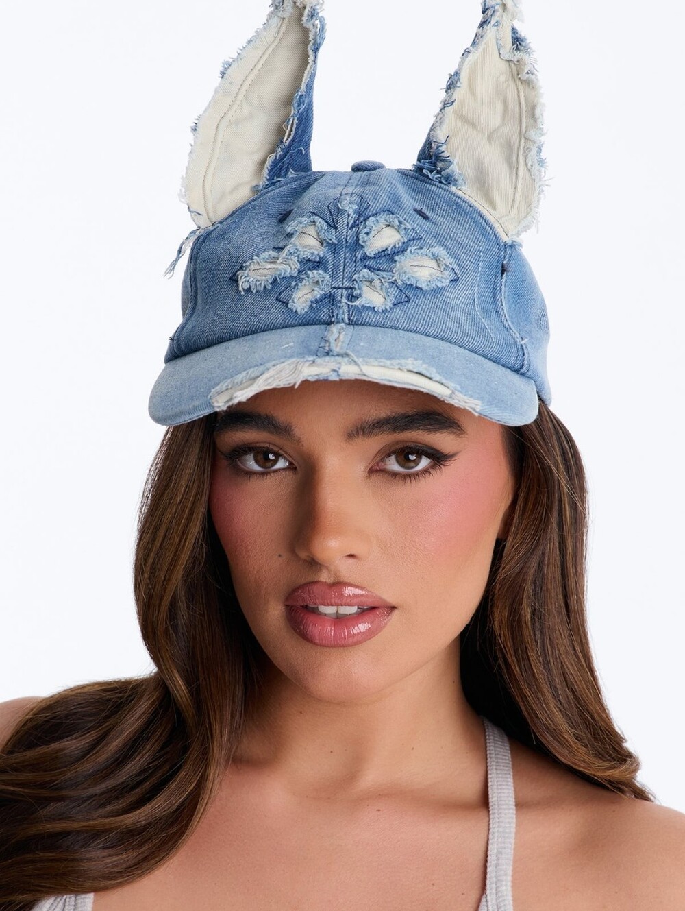 Fashion Nova Light Blue Distressed Denim Cap with Ear Details